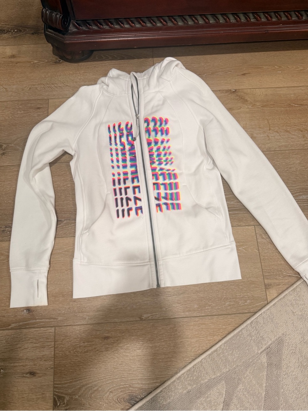 lululemon athletica White Zip Hoodie with Multicolor Distorted Graphic Sz 6